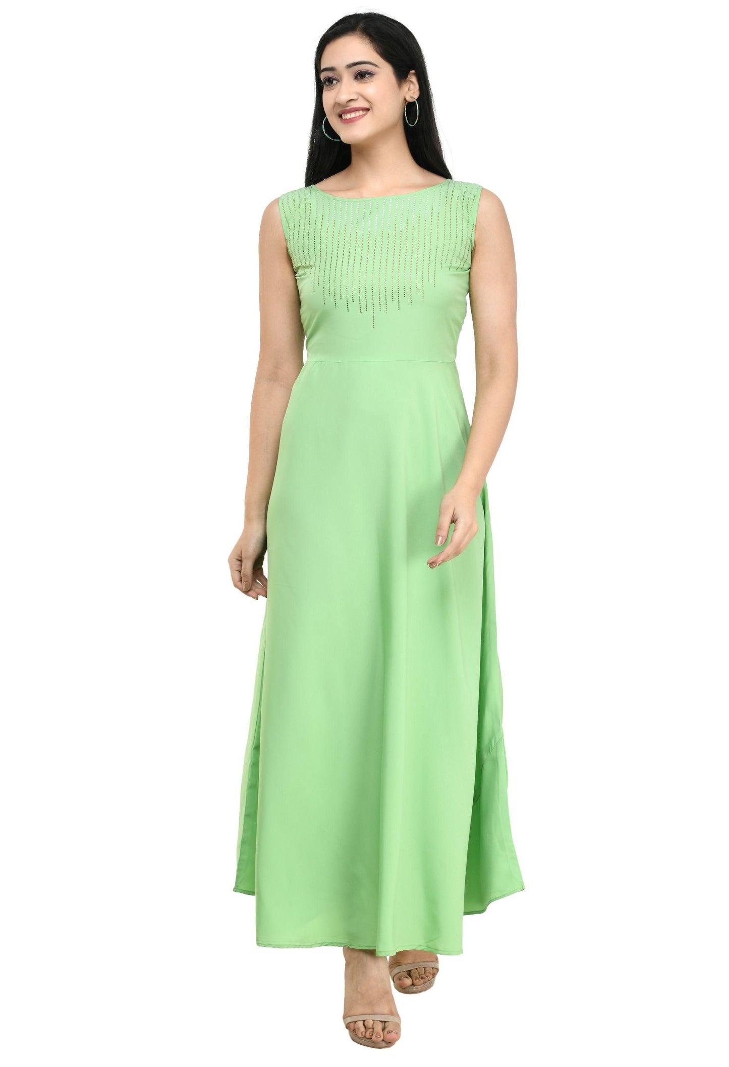 Oceanista Women's Crepe Embellished Partywear Pista Green Maxi Dress