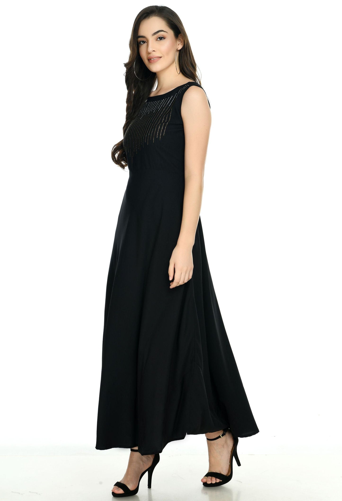 Oceanista Women's Crepe Embellished Partywear Black Maxi Dress